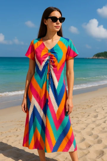 Fuşya V Yaka Önü Büzgülü Yanı Yırtmaçlı Desenli Dokuma Elbise BCPK-2510002