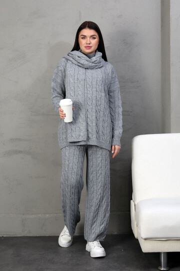 Gri Örgü Motifli Kazak Hırka Ve Pantolon 3 Lü Triko Takım BCES-252031