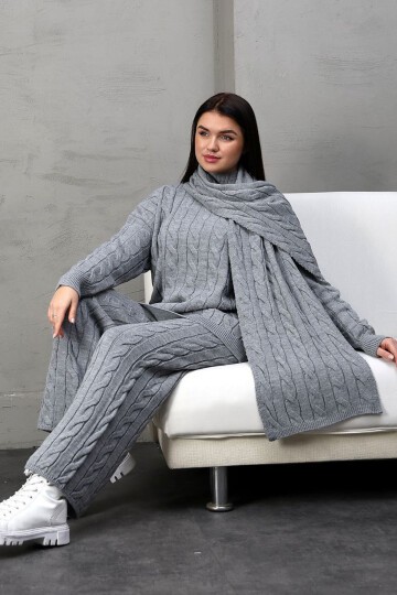 Gri Örgü Motifli Kazak Hırka Ve Pantolon 3 Lü Triko Takım