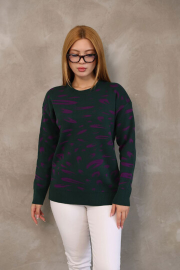 Haki Bisiklet Yaka Desenli Triko Kazak BCES-252032