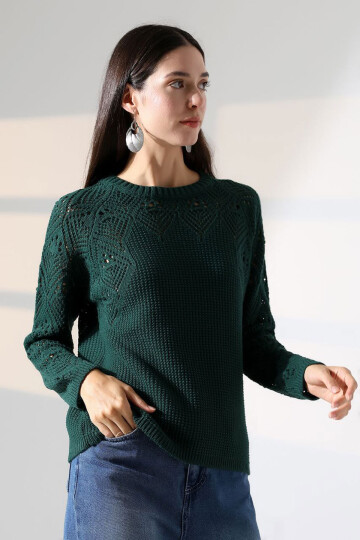 Haki Bisiklet Yaka Motif İşlemeli Triko Kazak BCES-252036