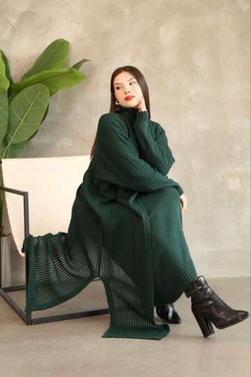 Haki Boğazlı Uzun Kol Triko Elbise Ve Uzun Hırka Tesettür Alt Üst Triko Takım BCES-252039