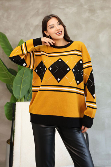 Hardal Bisiklet Yaka Desenli Triko Kazak BCES-252015