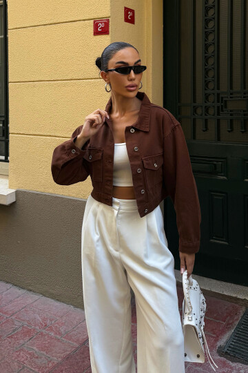 Kahverengi Çift Cep Denim Crop Ceket BCDF-255419