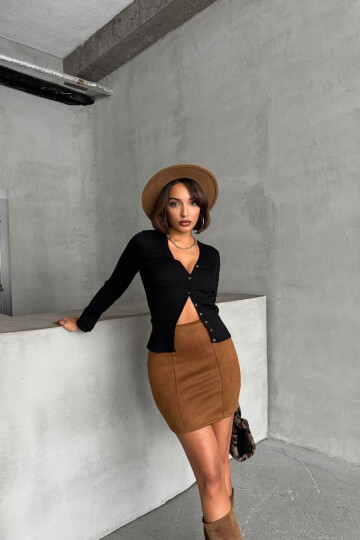 Kahverengi Çimalı Süet Etek BCHN-25261011