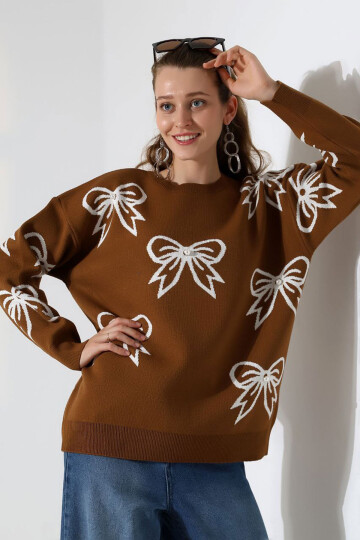 Kahverengi Fiyonk Desenli Triko Kazak BCES-252045