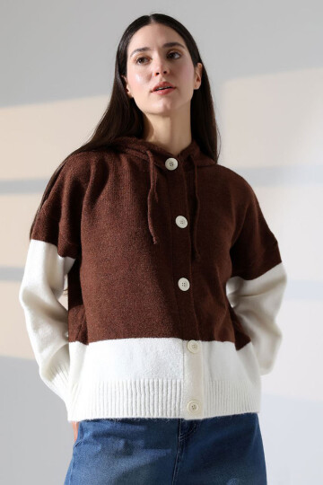 Kahverengi Renk Bloklu Kapüşonlu Düğmeli Triko Hırka BCES-252017