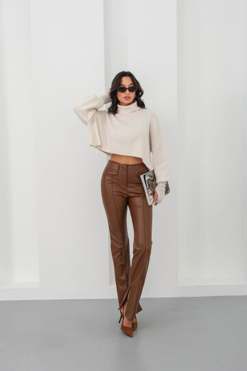 Kahverengi Yüksek Bel Yırtmaçlı Suni Deri Pantolon BCHN-25265099