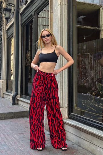 Kırmızı Beli Bağlamalı Bol Kesim Palazzo Yazlık Pantolon