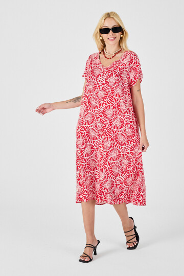 Kırmızı Derin V Yaka Kısa Kollu Çizgi Desenli Midi Boy Elbise BCVL-254004