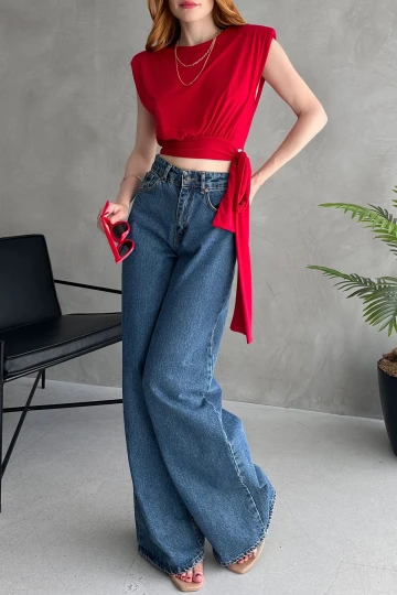 Kırmızı Omuzu Vatkalı Beli Kuşaklı Bluz BCDF-252160