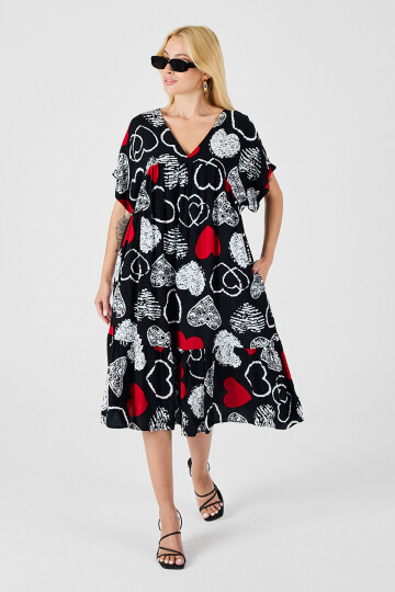 Kırmızı-Siyah V Yaka Oversize Kesim Desenli Çift Cepli Volanlı Elbise BCVL-254028