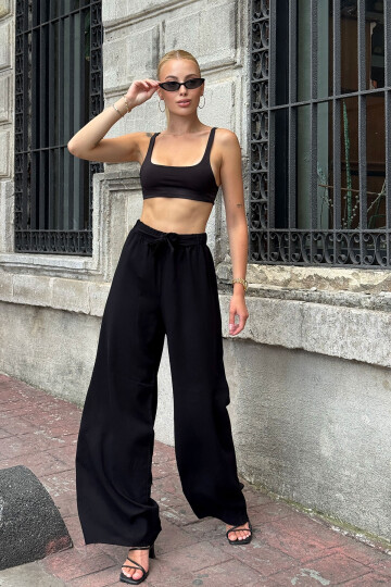 Koyu Siyah Beli Bağlamalı Bol Kesim Palazzo Yazlık Pantolon BCPK-2510000