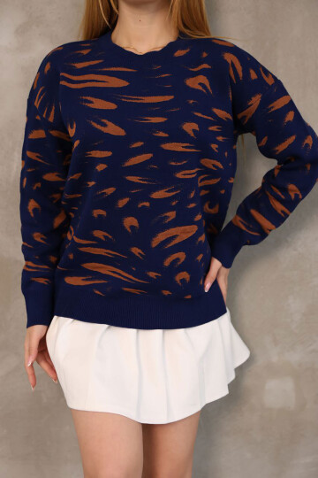 Lacivert Bisiklet Yaka Desenli Triko Kazak BCES-252032