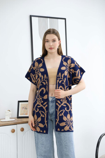 Lacivert Yarım Kol Desenli Triko Hırka BCES-252007