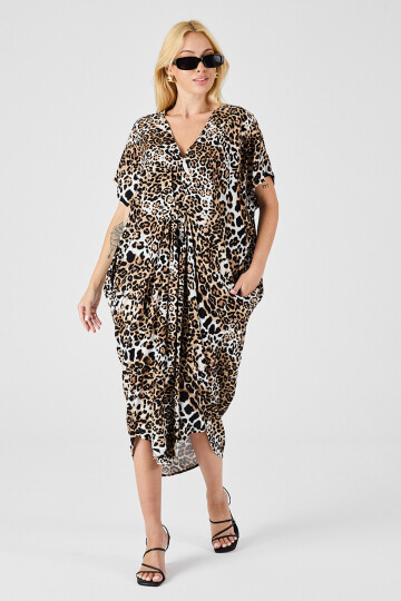 Leopar Desenli V Yaka Salaş Kesim Kaftan Elbise BCVL-254024