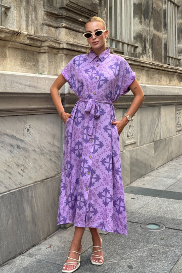 Lila Kendinden Kemerli Desenli Dokuma Yazlık Gömlek Elbise BCVL-25V083