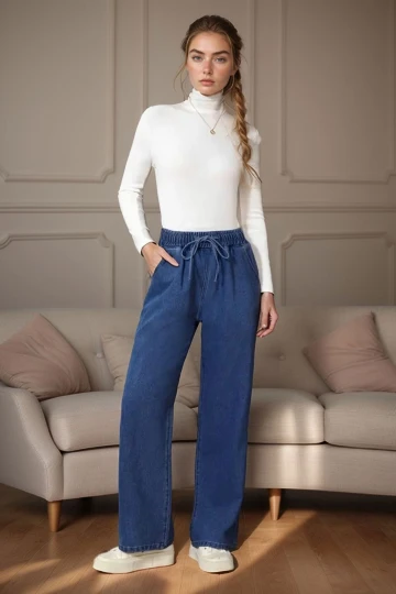 Mavi Beli Lastikli Bol Paça Cepli Yıkamalı Kot Pantolon BCBSK-25700-KT-0088