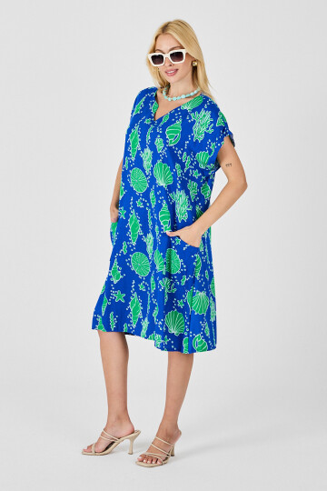 Mavi Deniz Kabuğu Desenli V Yaka Oversize Elbise BCVL-254022