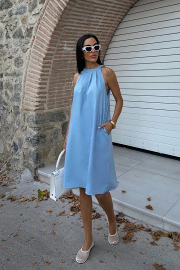 Mavi Gizli Cepli Yazlık Keten Dokuma Elbise BCDF-25255029