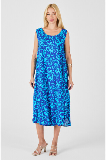 Mavi U Yaka Kolsuz Eteği Asimetrik Kesim Desenli Midi Boy Elbise BCVL-254016
