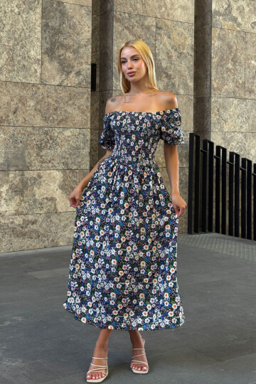 Mix Kare Yaka Beli Gipeli Çiçek Desenli Dokuma Yazlık Elbise BCVL-25V095