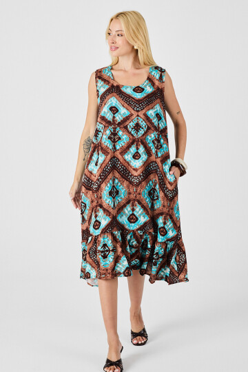 Mix Oval Yaka Çift Cepli Volanlı Kolsuz Midi Elbise BCVL-254026