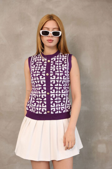 Mor Desenli Düğme Detaylı Kolsuz Triko Bluz BCES-252000