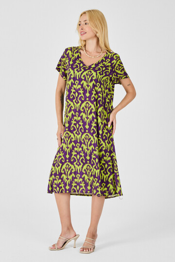 Mor Desenli V Yaka Midi Boy Elbise BCVL-254014