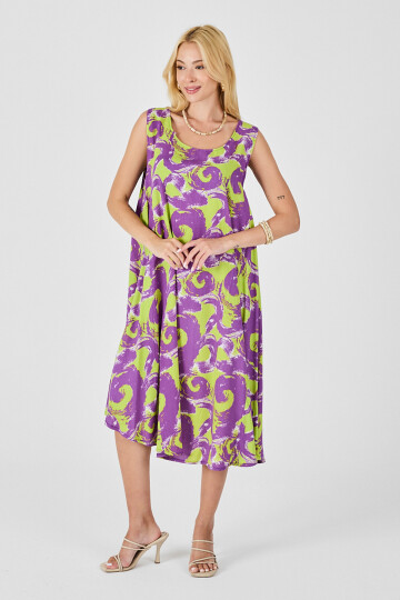 Mor U Yaka Kolsuz Asimetrik Kesim Midi Boy Elbise BCVL-254017