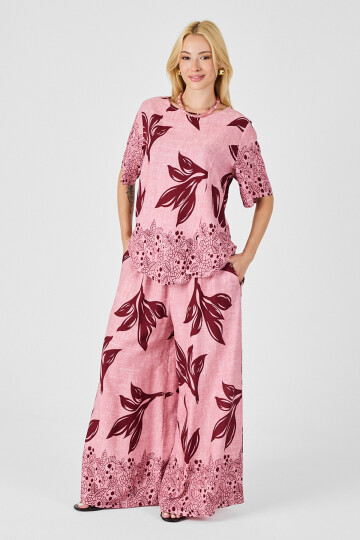 Mürdüm-Çiçek Yaprak Desenli Oversize Bluz Ve Bol Paça Pantolon Takım BCVL-254029