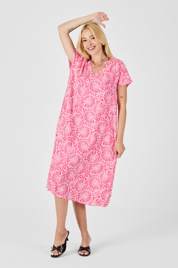 Pembe Derin V Yaka Kısa Kollu Çizgi Desenli Midi Boy Elbise BCVL-254004