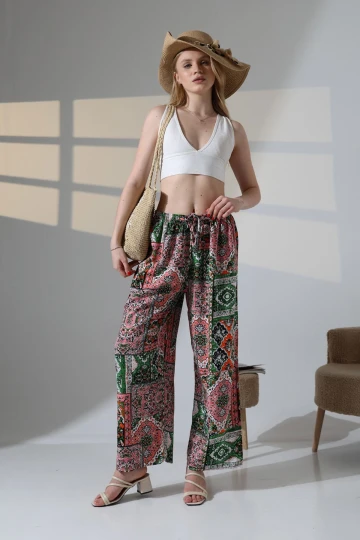 Pembe Etnik Desenli Viscon Yazlık Dokuma Pantolon BCBT-251009