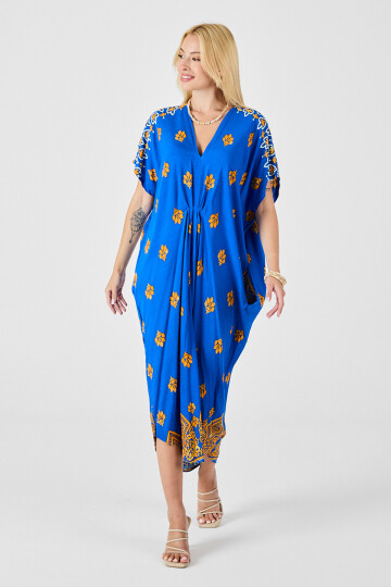 Saks Desenli V Yaka Salaş Kesim Kaftan Elbise BCVL-254024