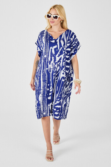 Saks Desenli V Yaka Yarasa Kol Oversize Midi Elbise BCVL-254019