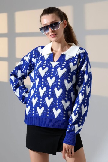 Saks Polo Yaka Kalp Desenli Triko Kazak