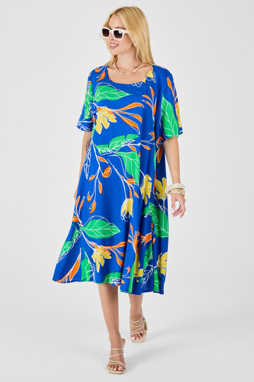 Saks Yaprak Desenli U Yaka Kısa Kollu Midi Boy Elbise BCVL-254011