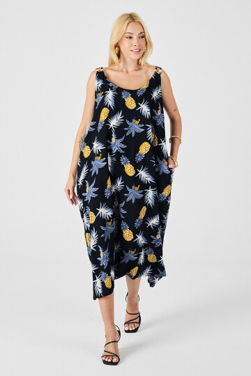 Sarı Askılı Boncuk Detaylı Çift Cepli Desenli Salaş Elbise BCVL-254027