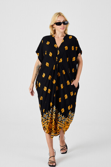 Sarı Desenli V Yaka Salaş Kesim Kaftan Elbise BCVL-254024