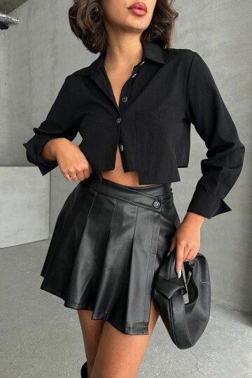 Siyah Asimetrik Kesim Pileli Şort Etek BCHN-25260071