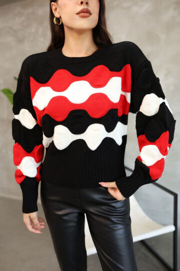 Siyah Bisiklet Yaka Kabartma Desenli Triko Kazak BCES-252034