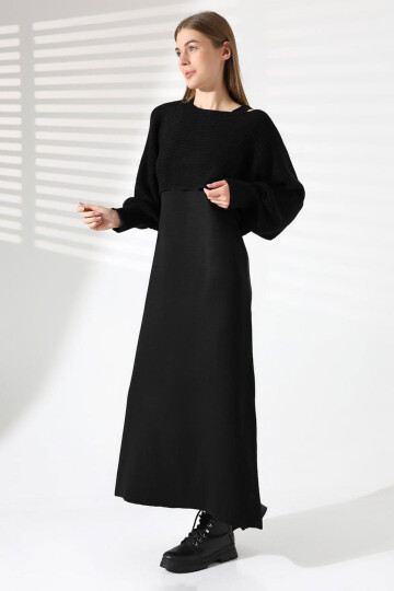 Siyah Bisiklet Yaka Örgü Motifli Crop Kazak Ve Triko Elbise Takım BCES-241003