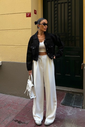 Siyah Çift Cep Denim Crop Ceket