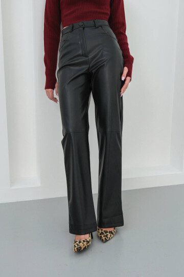 Siyah Çift Cepli Fit Kesim Suni Deri Pantolon BCHN-25267542