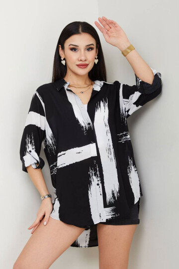 Siyah-Ekru Desenli Pamuk Dokuma Gömlek BCAYN-254006