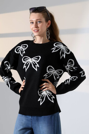 Siyah Fiyonk Desenli Triko Kazak BCES-252045