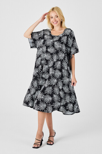 Siyah Geniş Yaka Desenli Midi Boy Elbise BCVL-254009