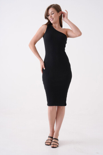 Siyah Tek Omuz Vücudu Saran Örme Elbise BCPK-2510004 BCPK-2510004