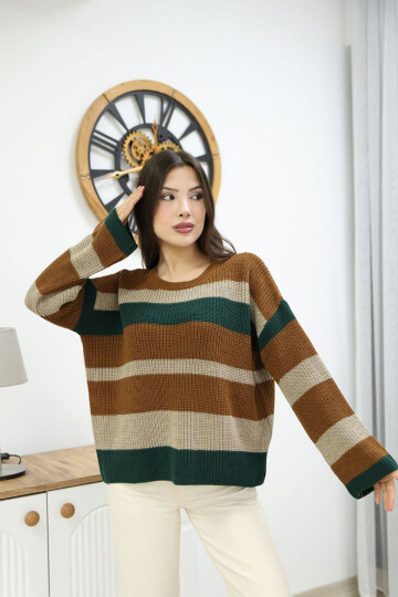 Tarçın Kahve Bisiklet Yaka Çizgi Desenli Triko Kazak BCES-252006