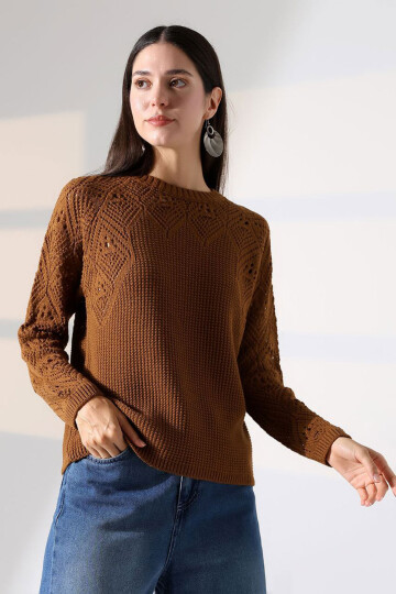 Tarçın Kahve Bisiklet Yaka Motif İşlemeli Triko Kazak BCES-252036